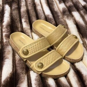 Veronica Beard Tan Woven Double-Strap Cork Slide Sandals